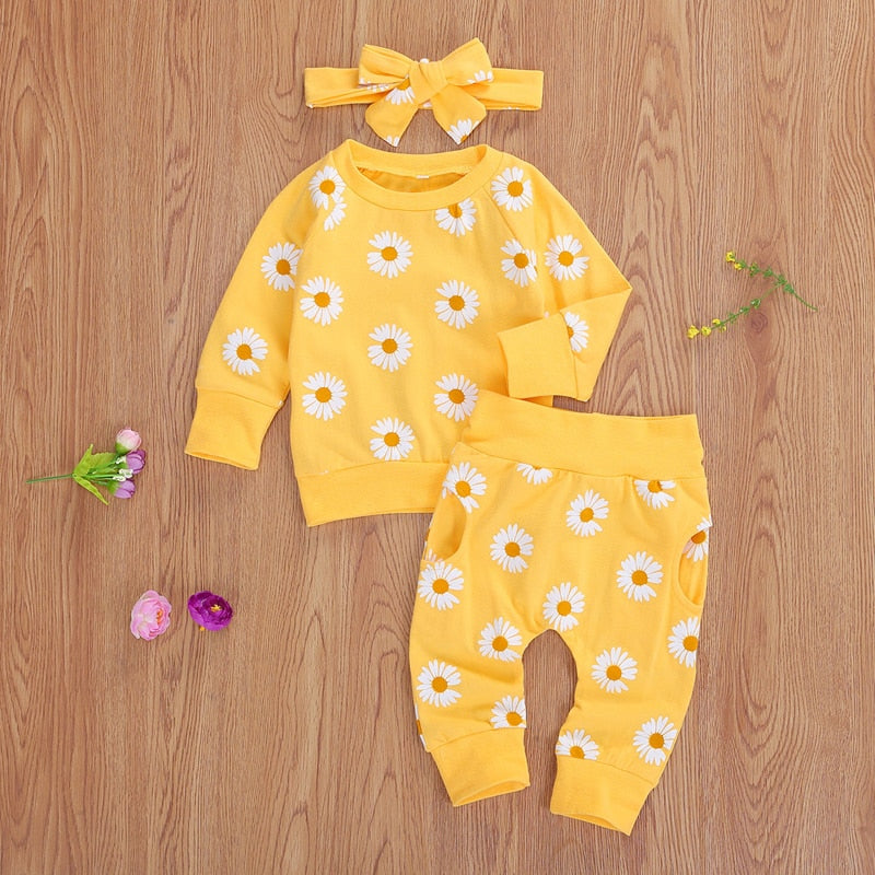 0-24M Toddler Newborn Infant Baby Girl Autumn Clothing Set Daisy Printed Cotton Top Long pants 2Pcs Outfits 3Colors