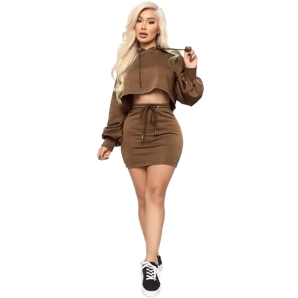 Women Hooded Skirt Two Piece Set Top +Mini Dress Tracksuit Outfits women clothing sets Solid 5 Color