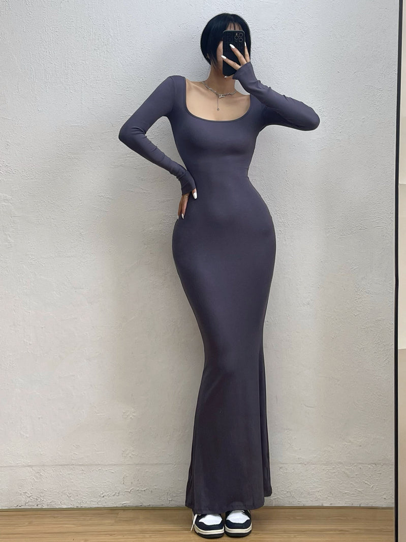 Fashion long sleeve Square-Cut Collar Fishtail Dress Tight Slimming Sheath Long Skirt