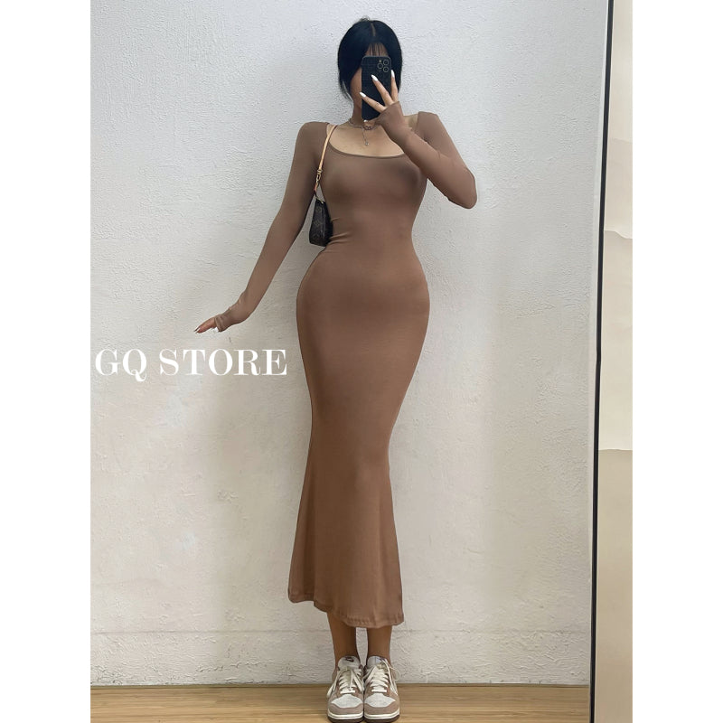 Fashion long sleeve Square-Cut Collar Fishtail Dress Tight Slimming Sheath Long Skirt