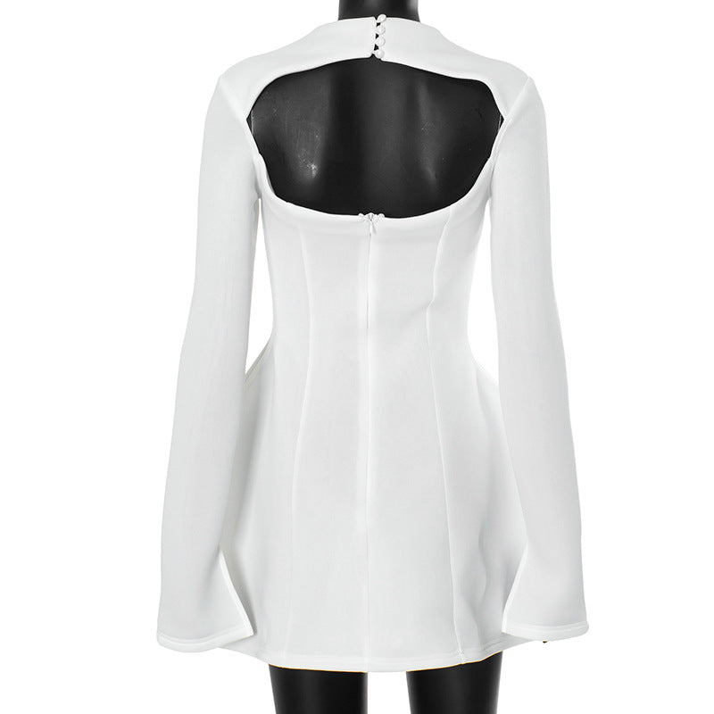 Mini Dress Elegant Solid Long Sleeve Slim A-line Dress Sexy Backless Evening Birthday Party Dress