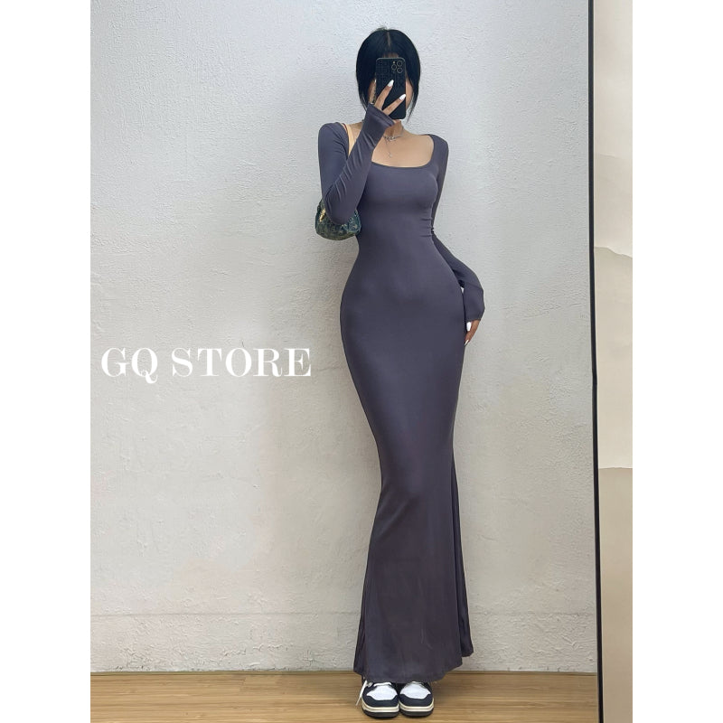 Fashion long sleeve Square-Cut Collar Fishtail Dress Tight Slimming Sheath Long Skirt