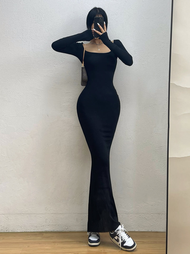 Fashion long sleeve Square-Cut Collar Fishtail Dress Tight Slimming Sheath Long Skirt