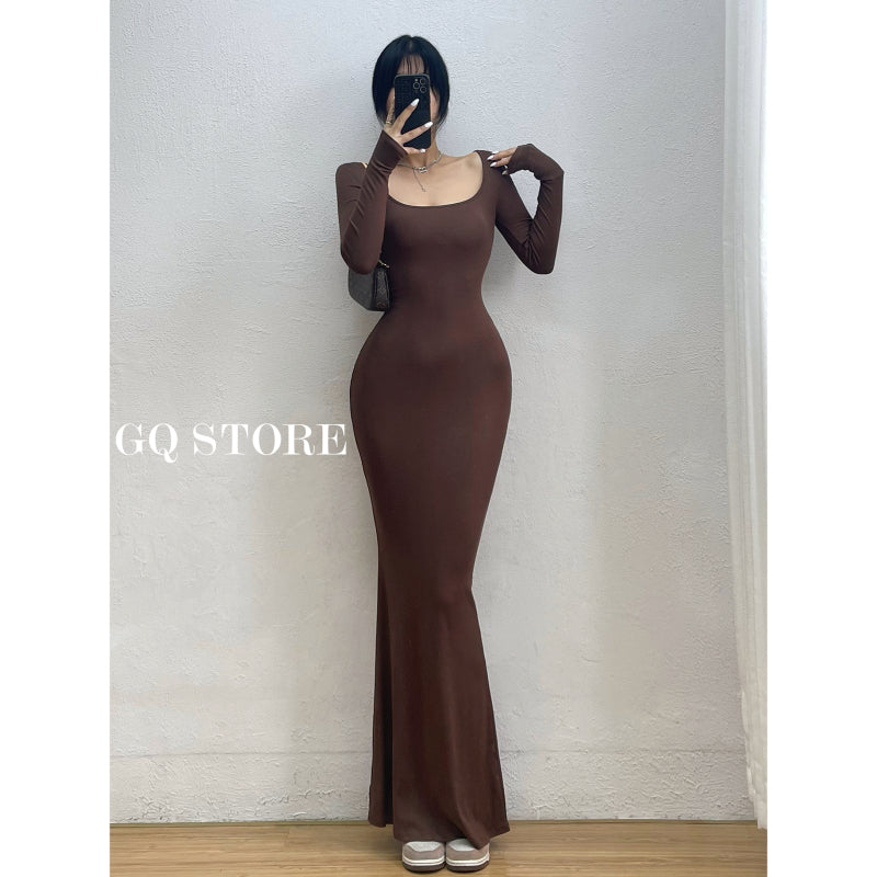 Fashion long sleeve Square-Cut Collar Fishtail Dress Tight Slimming Sheath Long Skirt