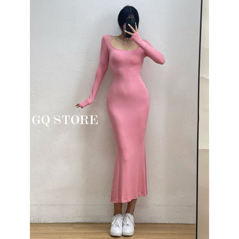 Fashion long sleeve Square-Cut Collar Fishtail Dress Tight Slimming Sheath Long Skirt
