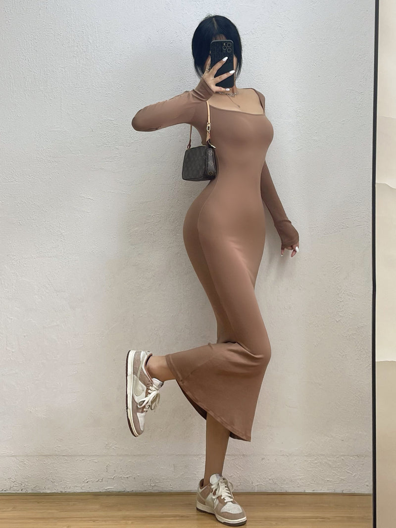 Fashion long sleeve Square-Cut Collar Fishtail Dress Tight Slimming Sheath Long Skirt