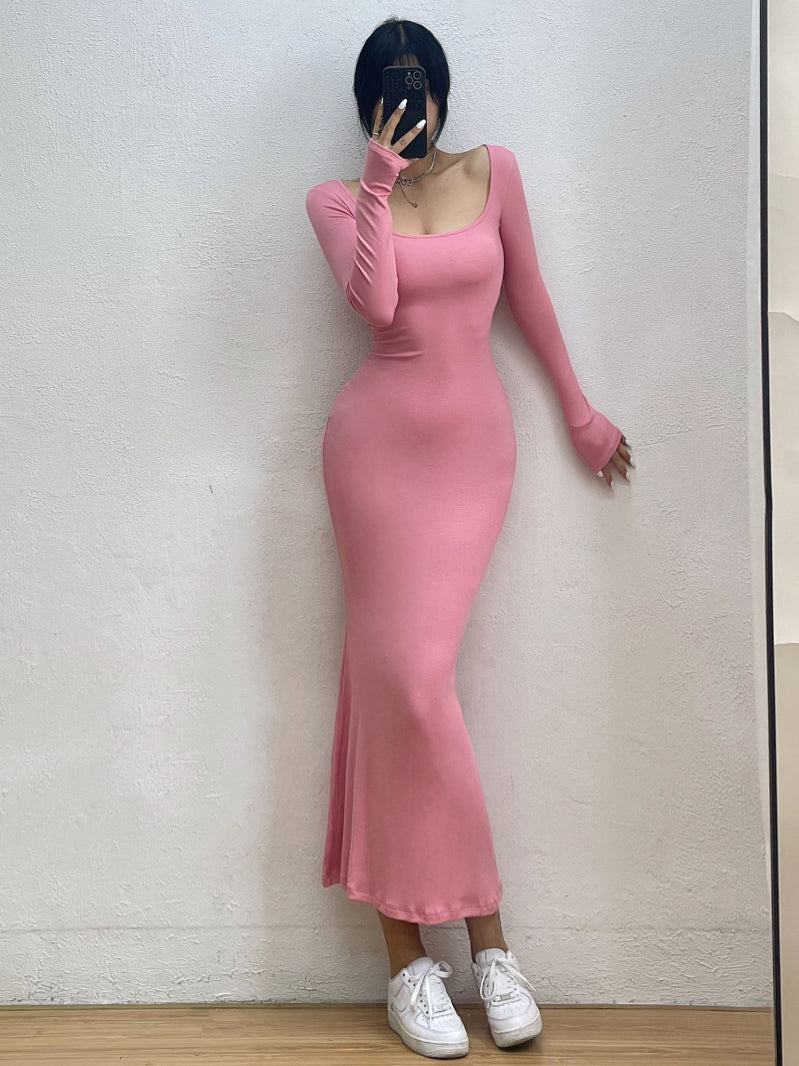 Fashion long sleeve Square-Cut Collar Fishtail Dress Tight Slimming Sheath Long Skirt