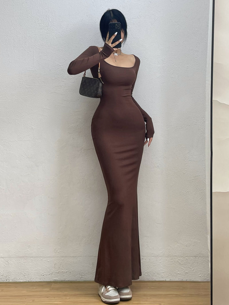 Fashion long sleeve Square-Cut Collar Fishtail Dress Tight Slimming Sheath Long Skirt