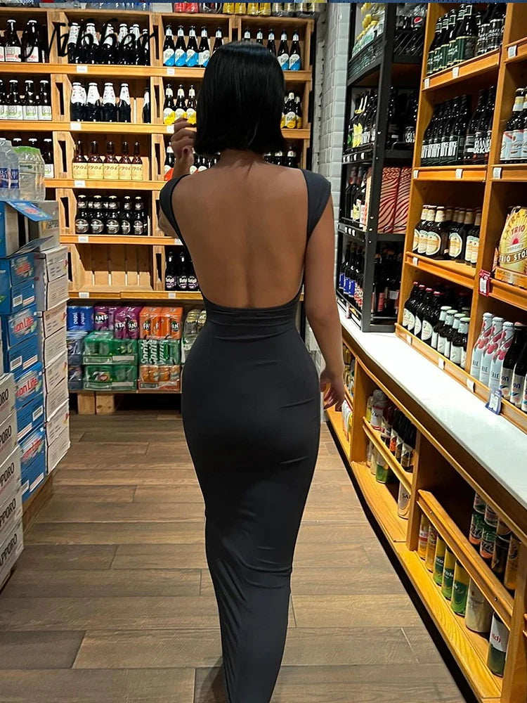 Solid Backless Maxi Dress Elegant Elastic Slim Short Sleeve Long dress Bodycon Streetwear Clothing