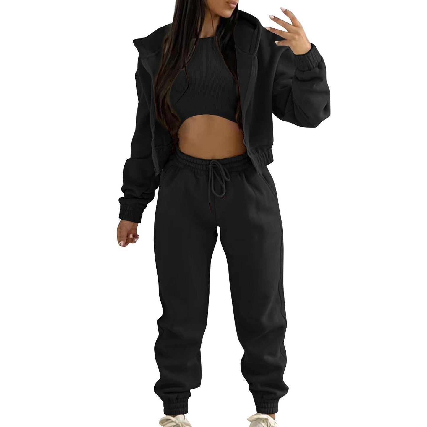 Women's Casual Tracksuit Top Vest Pant Set Fashionable Solid Color Zipper Hooded Sweatshirt Pant Suit