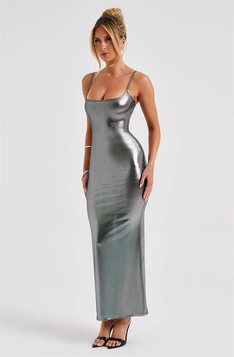 Shiny Bodycon Slim Sexy Ankle Length Long Dress Spaghetti Strap Glitter Metallic Midi Party/Club Dress