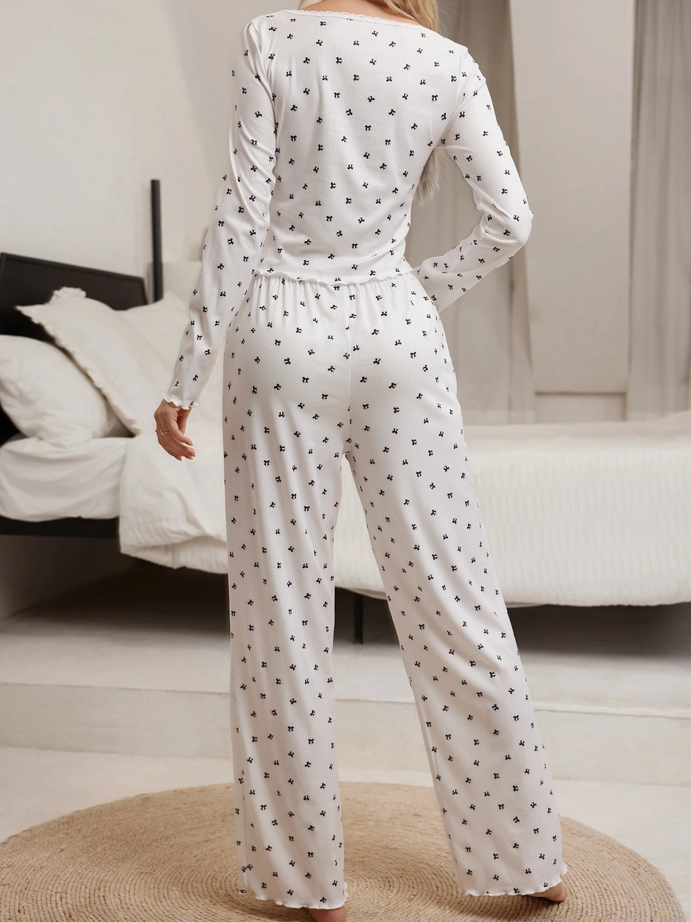 Sleepwear Floral Print Lettuce Trim Pajamas Set  Elastic Waistband  Loungewear Full Sleeve Nightwear