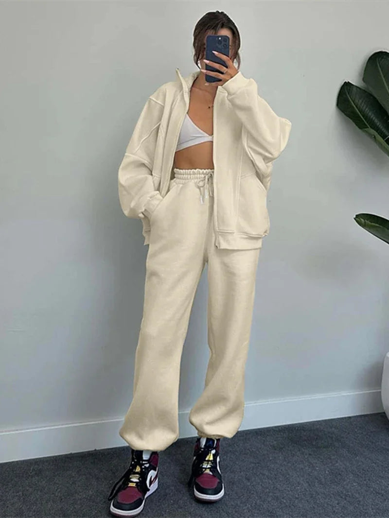 Streetwear 2 Piece Sets Women Outfit Autumn Clothes Women Solid Jacket Top and Pants Sets Casual Fleece Set