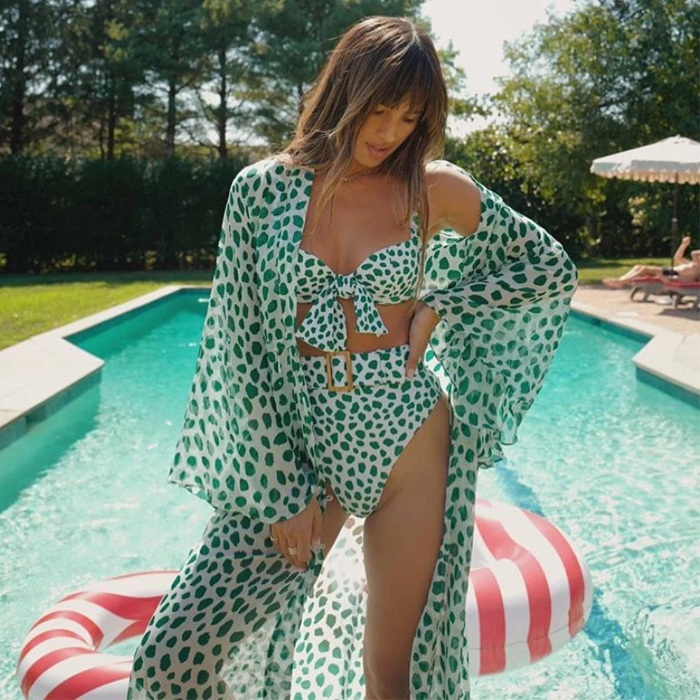 Leaves Print Bikini Beach Cover up Tunics for Beach Long Kaftan Cover up Beach Swimsuit cover-ups