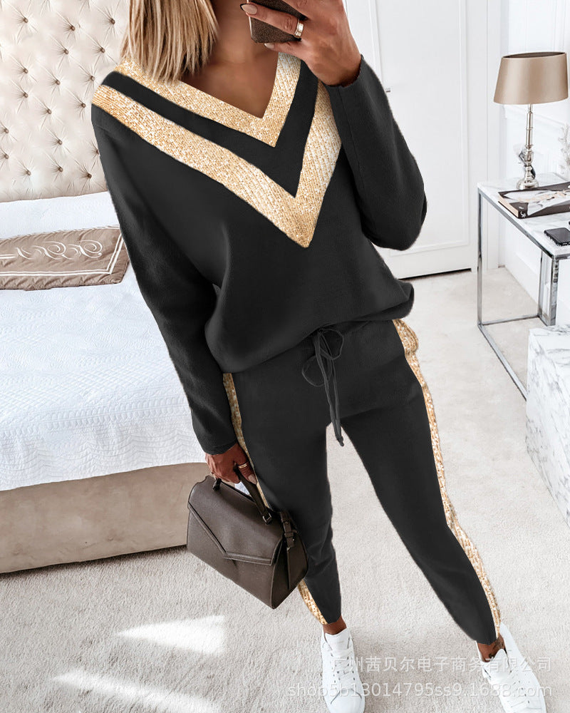 Contrast Piping Top & Drawstring Pants Set Women 2pcs Clothes Set Autumn Winter Sweatshirt Sweatpants