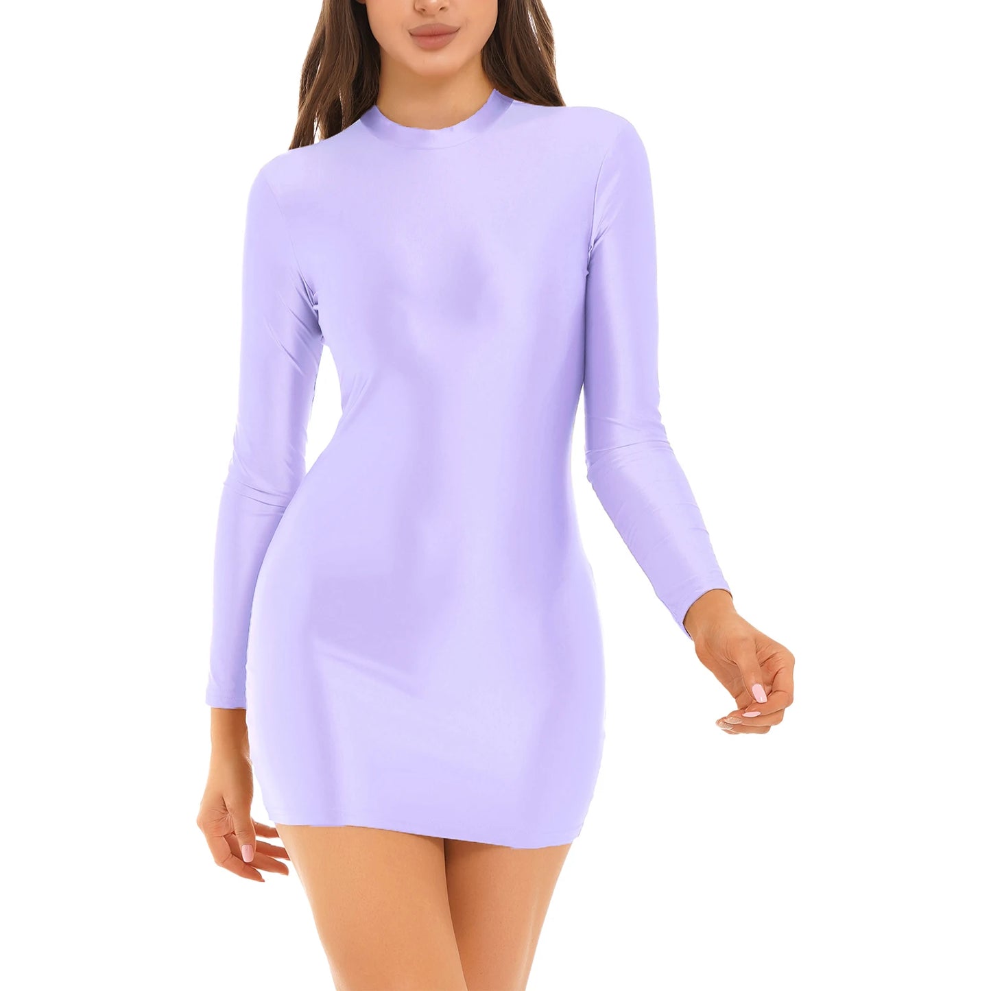 Bodycon Dress Smooth Stretchy Tight Party Dress Glossy Long Sleeve Dress Clubwear