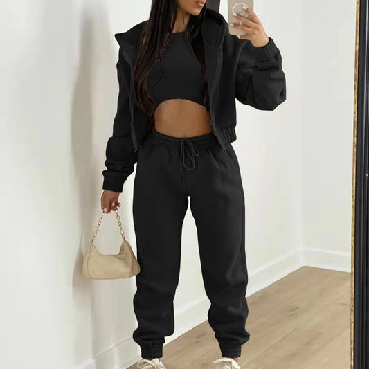 Women's Casual Tracksuit Top Vest Pant Set Fashionable Solid Color Zipper Hooded Sweatshirt Pant Suit