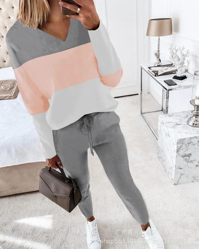 Contrast Piping Top & Drawstring Pants Set Women 2pcs Clothes Set Autumn Winter Sweatshirt Sweatpants