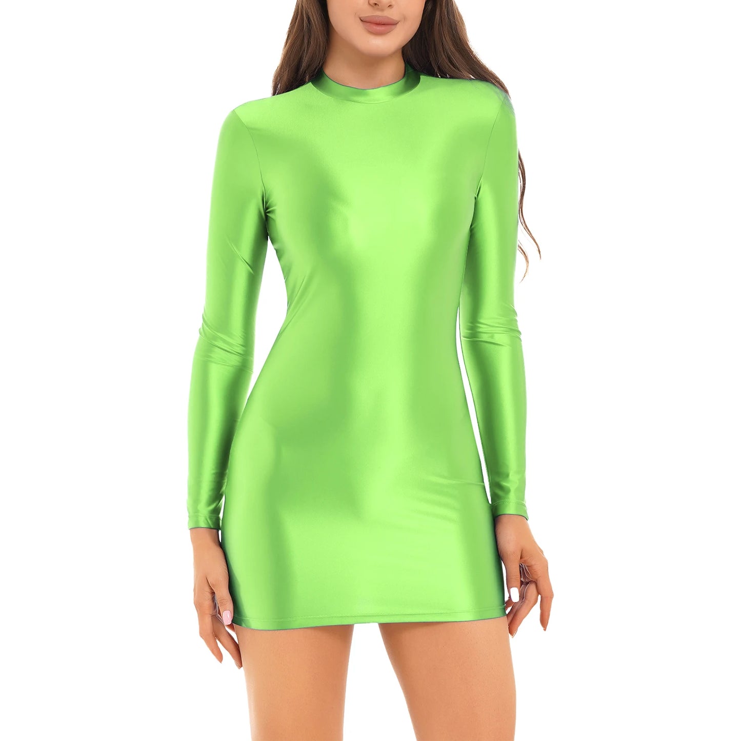 Bodycon Dress Smooth Stretchy Tight Party Dress Glossy Long Sleeve Dress Clubwear