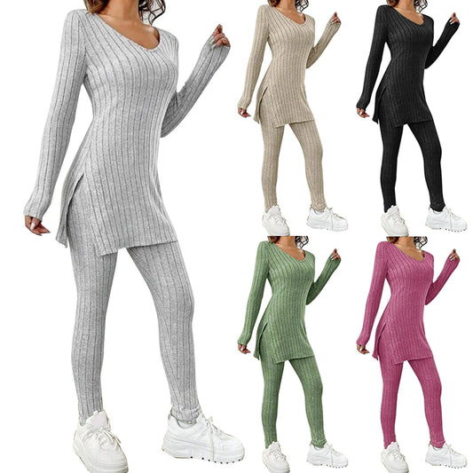 Fashion Knit Suits Casual Loose Long Pants Print Knitted Solid Color Two Pieces Sets