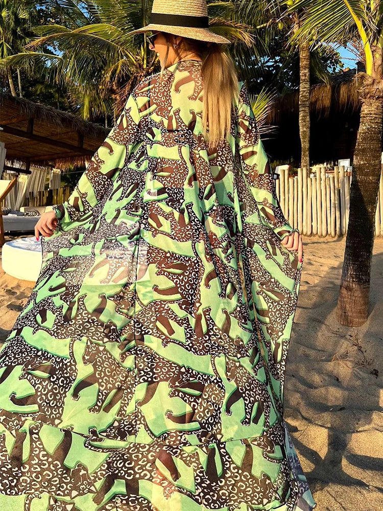 Leaves Print Bikini Beach Cover up Tunics for Beach Long Kaftan Cover up Beach Swimsuit cover-ups
