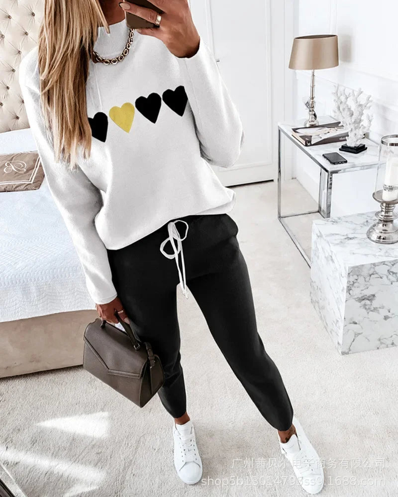 Contrast Piping Top & Drawstring Pants Set Women 2pcs Clothes Set Autumn Winter Sweatshirt Sweatpants