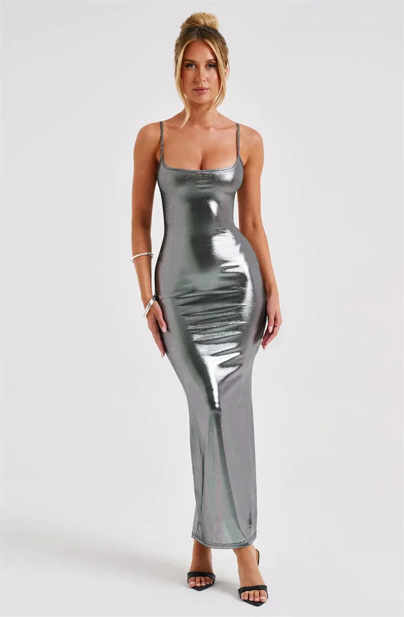 Shiny Bodycon Slim Sexy Ankle Length Long Dress Spaghetti Strap Glitter Metallic Midi Party/Club Dress