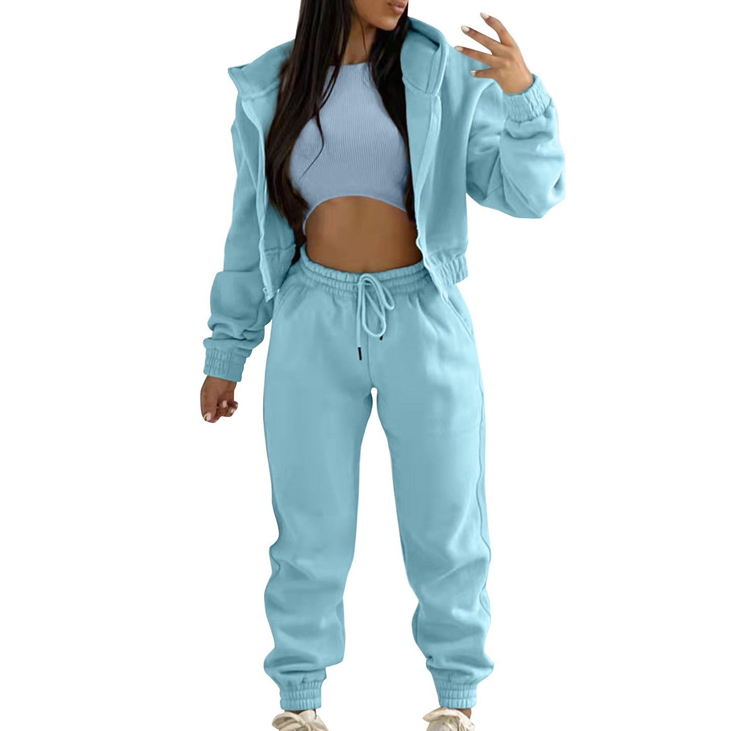 Women's Casual Tracksuit Top Vest Pant Set Fashionable Solid Color Zipper Hooded Sweatshirt Pant Suit