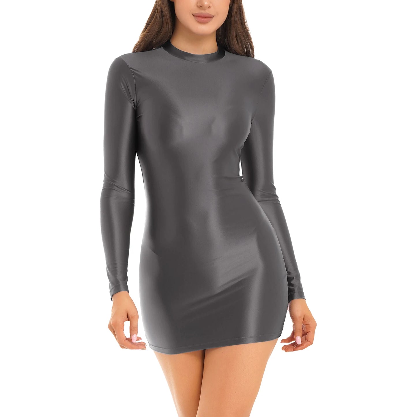 Bodycon Dress Smooth Stretchy Tight Party Dress Glossy Long Sleeve Dress Clubwear