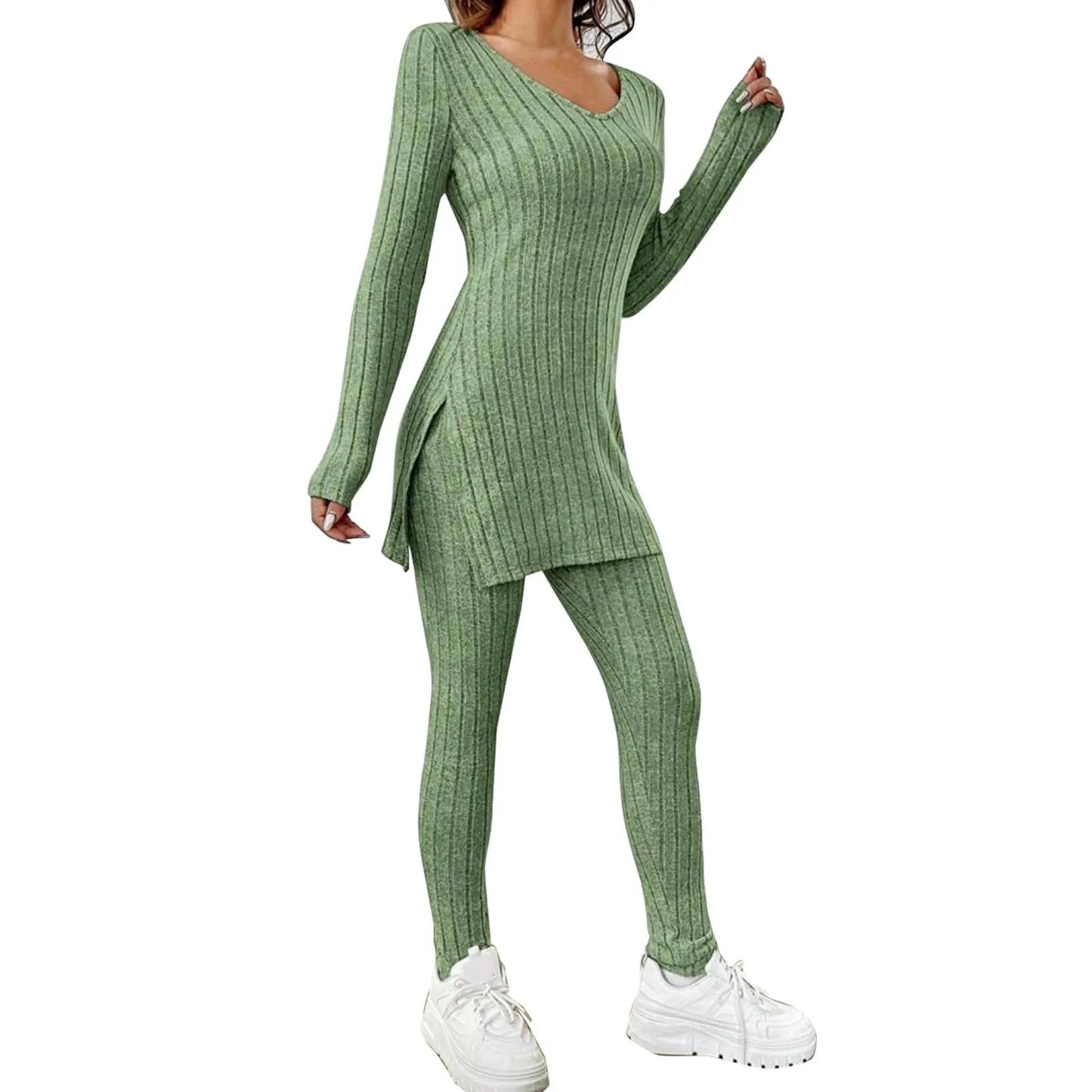 Fashion Knit Suits Casual Loose Long Pants Print Knitted Solid Color Two Pieces Sets