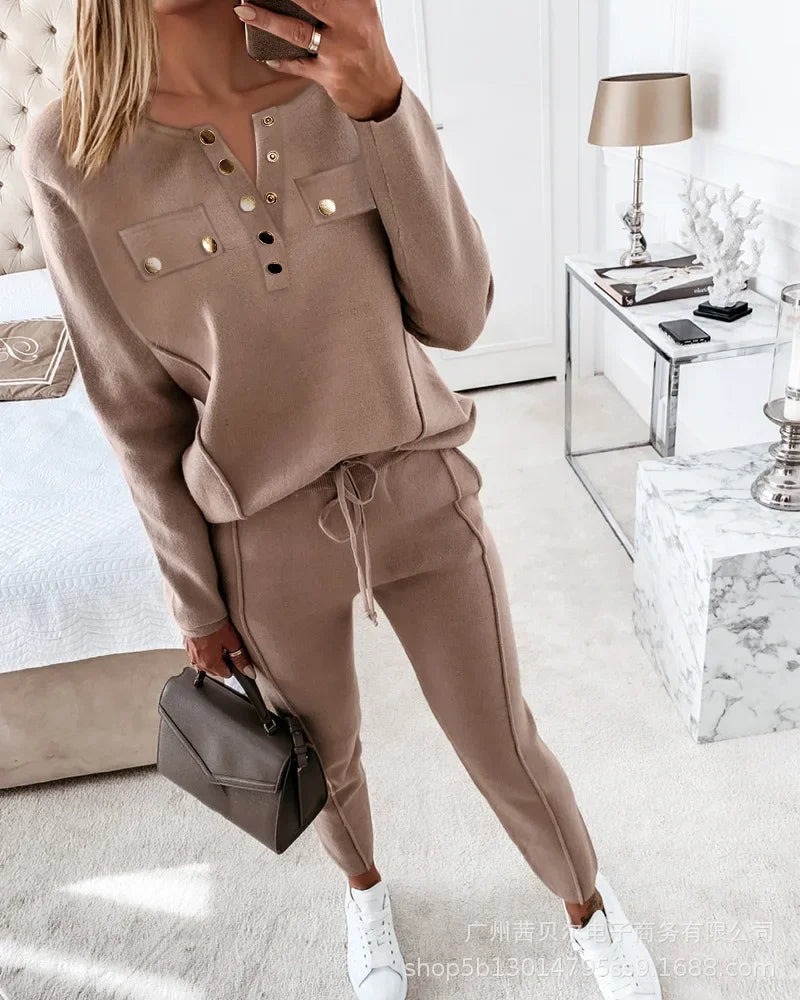 Contrast Piping Top & Drawstring Pants Set Women 2pcs Clothes Set Autumn Winter Sweatshirt Sweatpants