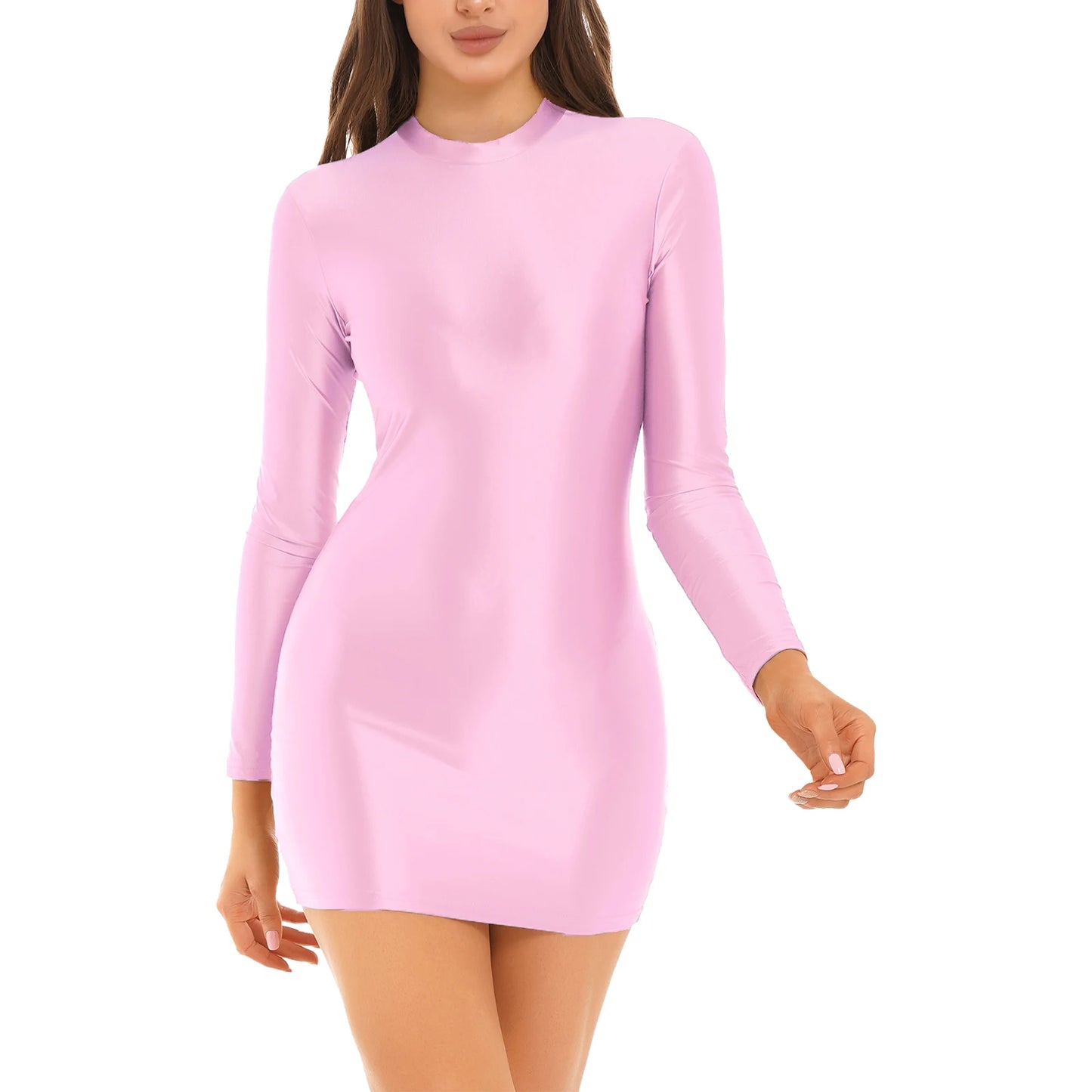Bodycon Dress Smooth Stretchy Tight Party Dress Glossy Long Sleeve Dress Clubwear