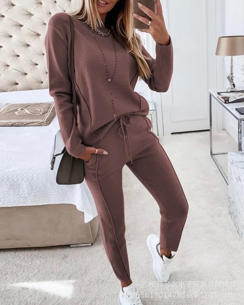 Contrast Piping Top & Drawstring Pants Set Women 2pcs Clothes Set Autumn Winter Sweatshirt Sweatpants
