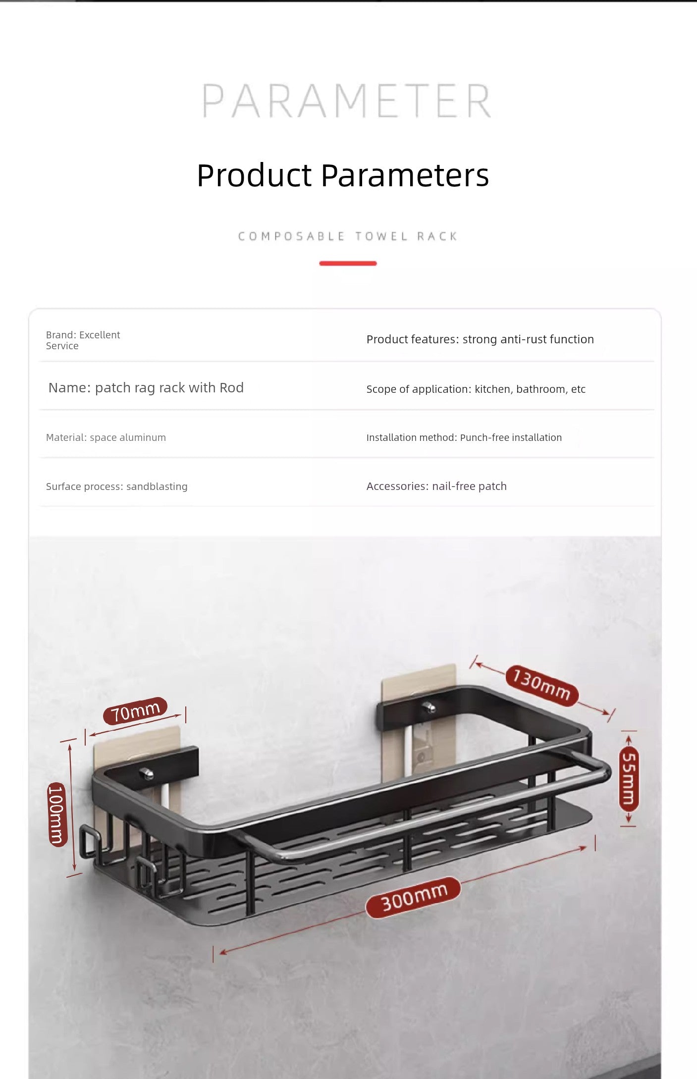 Punch-Free Storage Rack Wall-Mounted Tool for Kitchen Bathroom storage