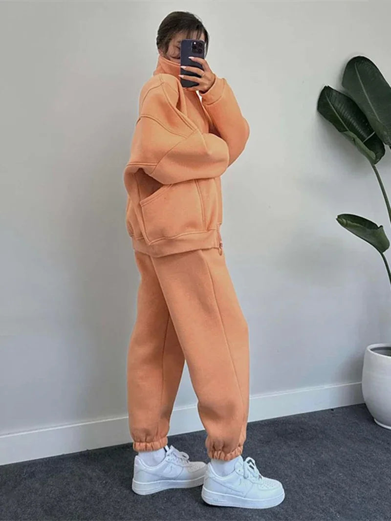 Streetwear 2 Piece Sets Women Outfit Autumn Clothes Women Solid Jacket Top and Pants Sets Casual Fleece Set