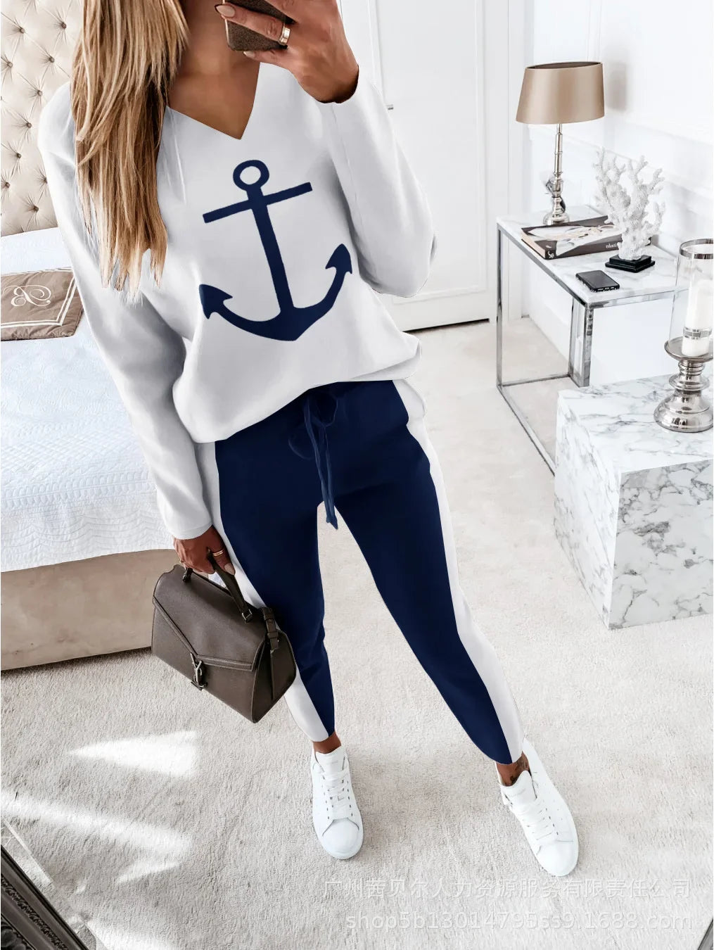 Contrast Piping Top & Drawstring Pants Set Women 2pcs Clothes Set Autumn Winter Sweatshirt Sweatpants