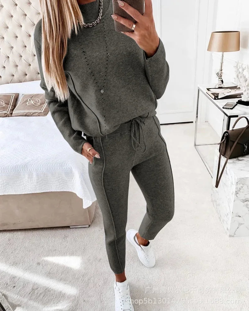 Contrast Piping Top & Drawstring Pants Set Women 2pcs Clothes Set Autumn Winter Sweatshirt Sweatpants