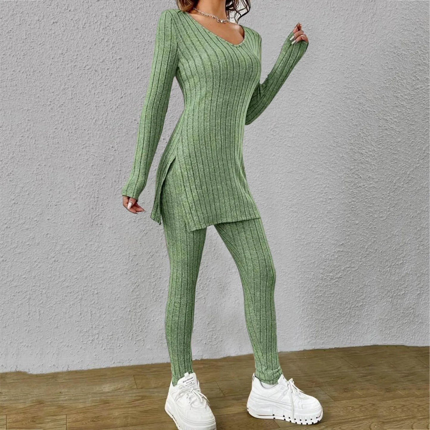 Fashion Knit Suits Casual Loose Long Pants Print Knitted Solid Color Two Pieces Sets