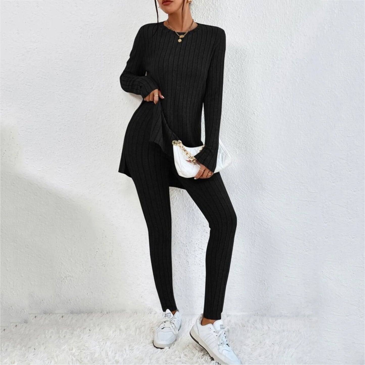 Fashion Knit Suits Casual Loose Long Pants Print Knitted Solid Color Two Pieces Sets