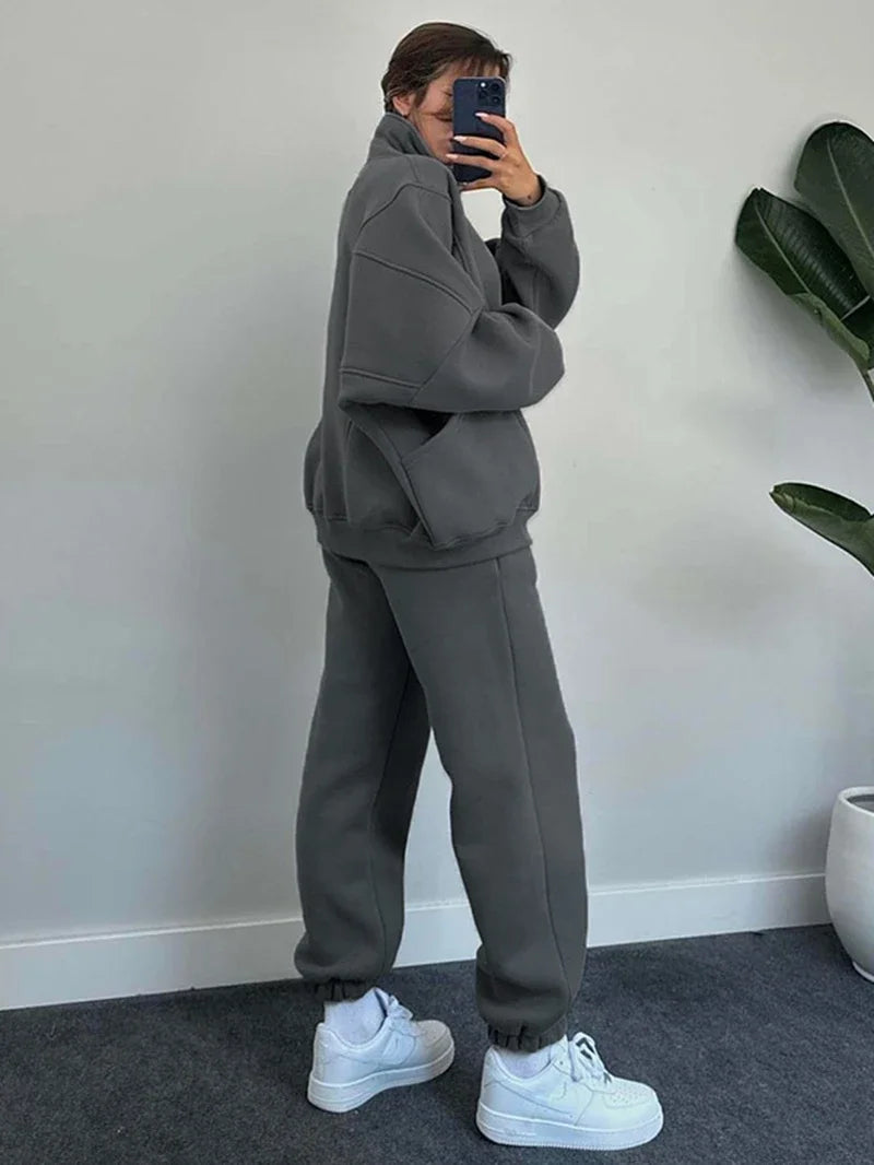 Streetwear 2 Piece Sets Women Outfit Autumn Clothes Women Solid Jacket Top and Pants Sets Casual Fleece Set