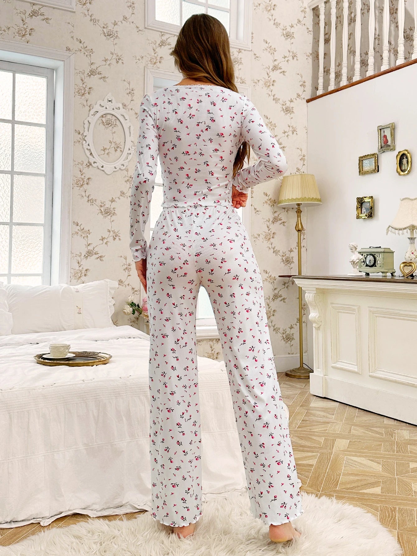 Sleepwear Floral Print Lettuce Trim Pajamas Set  Elastic Waistband  Loungewear Full Sleeve Nightwear