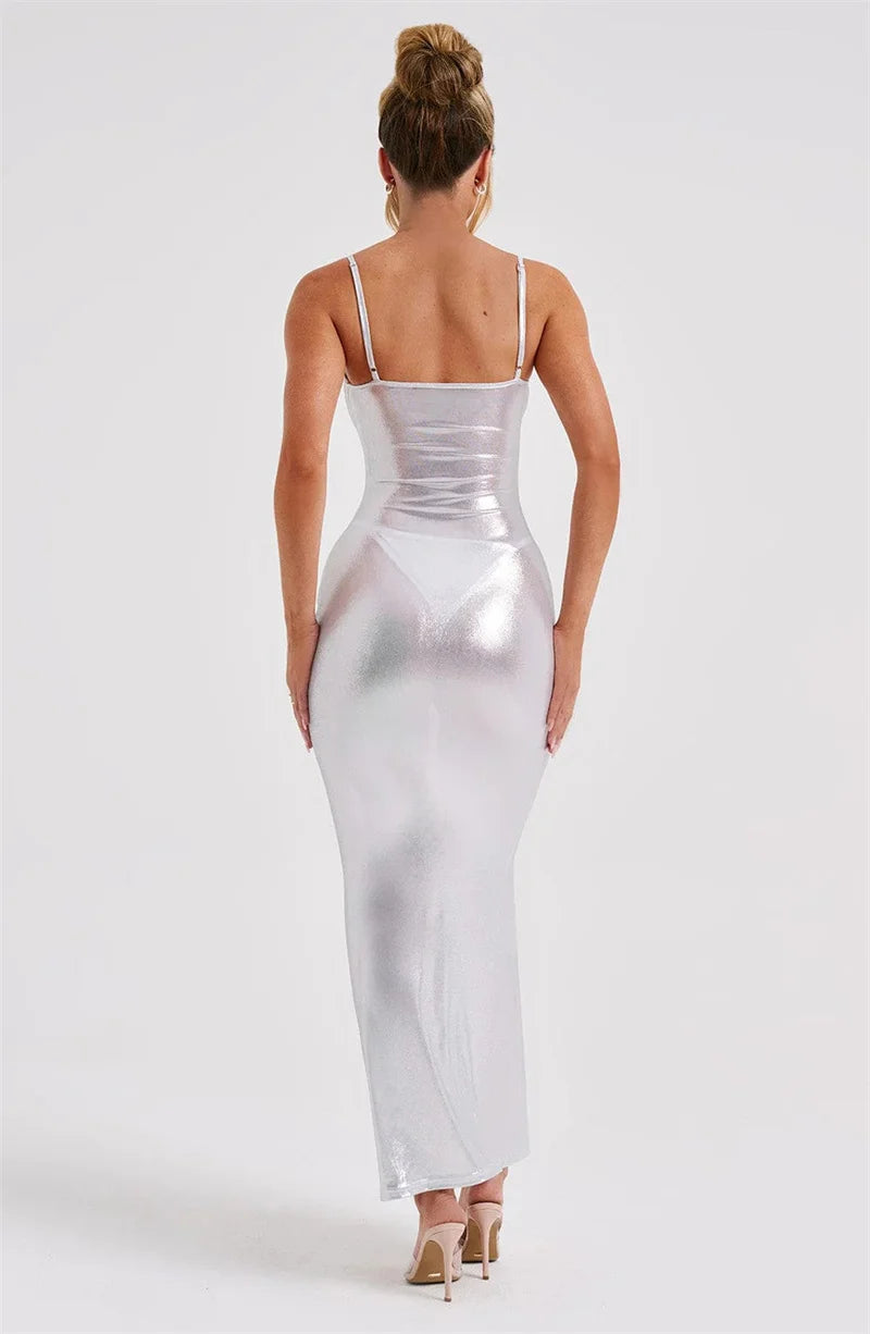 Shiny Bodycon Slim Sexy Ankle Length Long Dress Spaghetti Strap Glitter Metallic Midi Party/Club Dress
