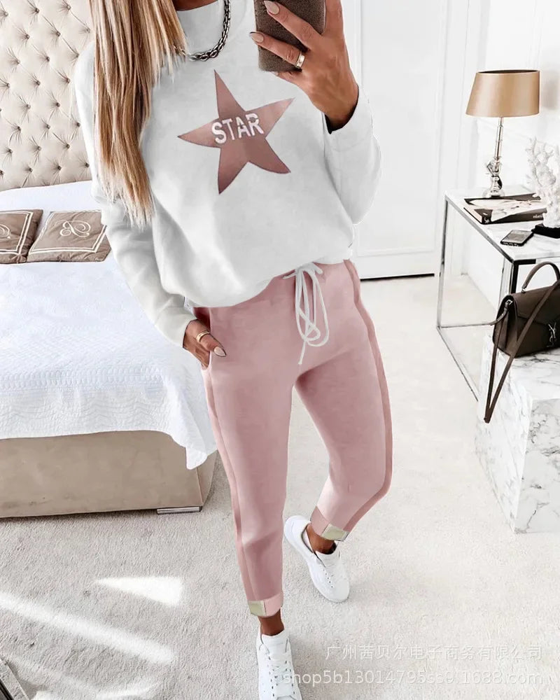 Contrast Piping Top & Drawstring Pants Set Women 2pcs Clothes Set Autumn Winter Sweatshirt Sweatpants