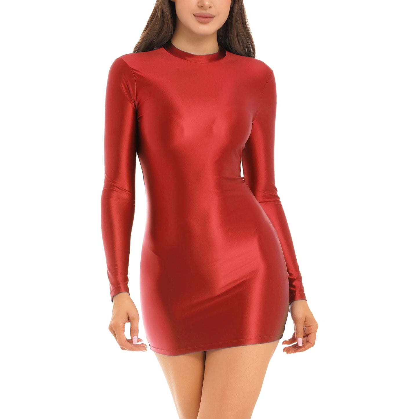 Bodycon Dress Smooth Stretchy Tight Party Dress Glossy Long Sleeve Dress Clubwear