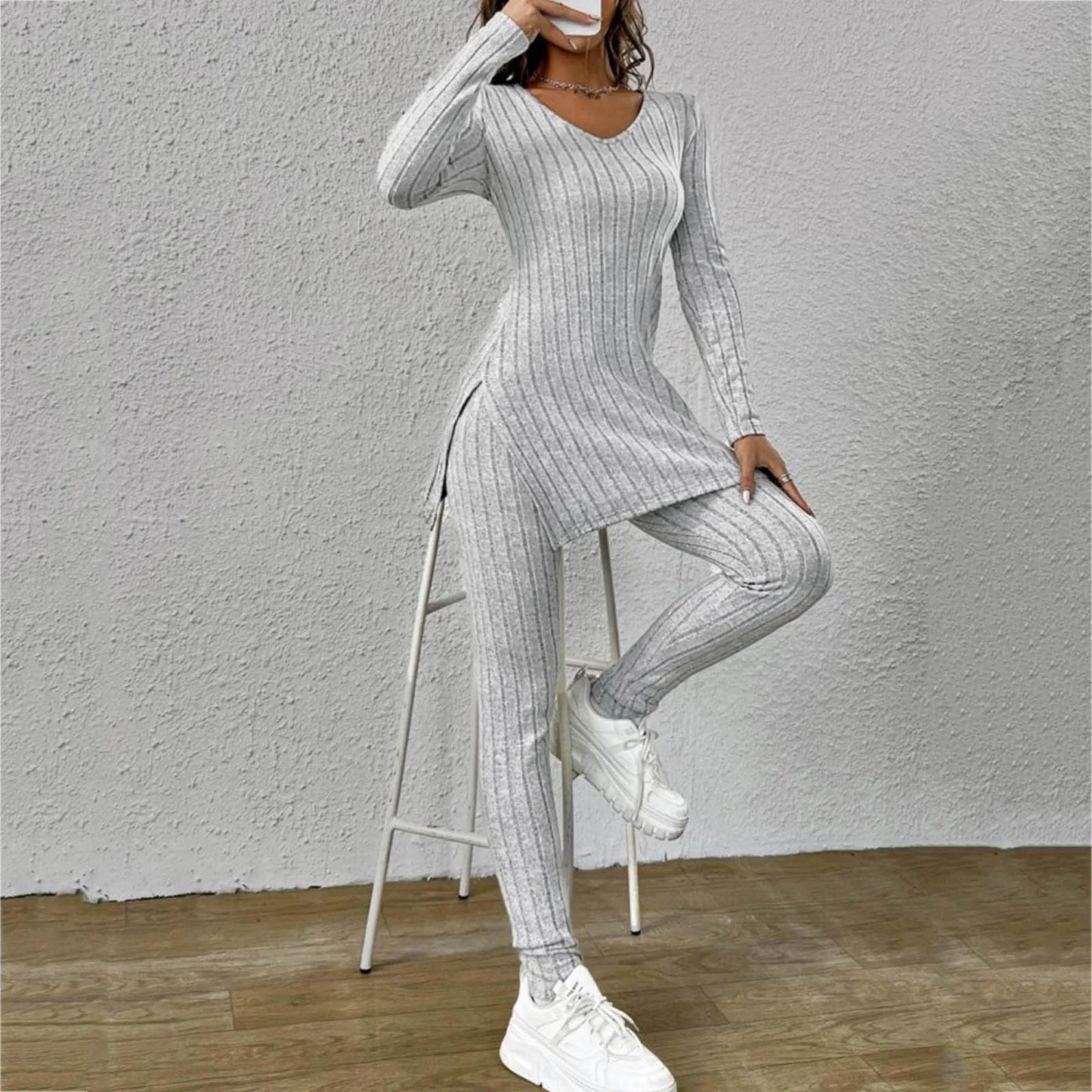 Fashion Knit Suits Casual Loose Long Pants Print Knitted Solid Color Two Pieces Sets