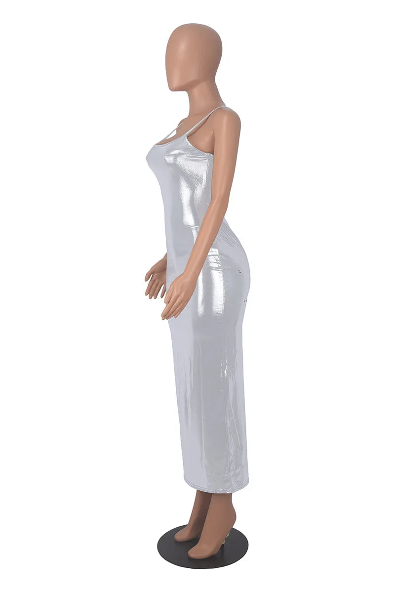 Shiny Bodycon Slim Sexy Ankle Length Long Dress Spaghetti Strap Glitter Metallic Midi Party/Club Dress