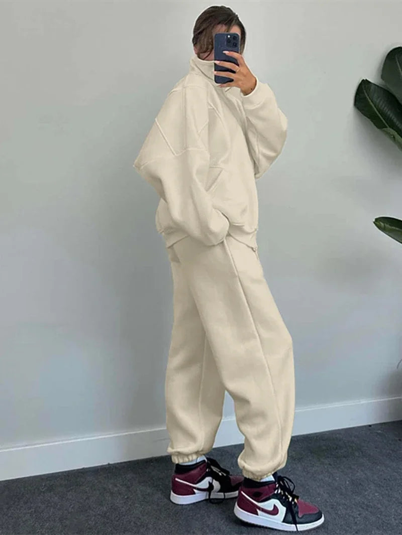 Streetwear 2 Piece Sets Women Outfit Autumn Clothes Women Solid Jacket Top and Pants Sets Casual Fleece Set