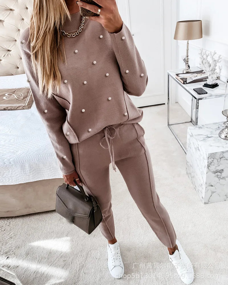 Contrast Piping Top & Drawstring Pants Set Women 2pcs Clothes Set Autumn Winter Sweatshirt Sweatpants
