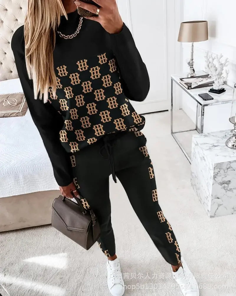 Contrast Piping Top & Drawstring Pants Set Women 2pcs Clothes Set Autumn Winter Sweatshirt Sweatpants
