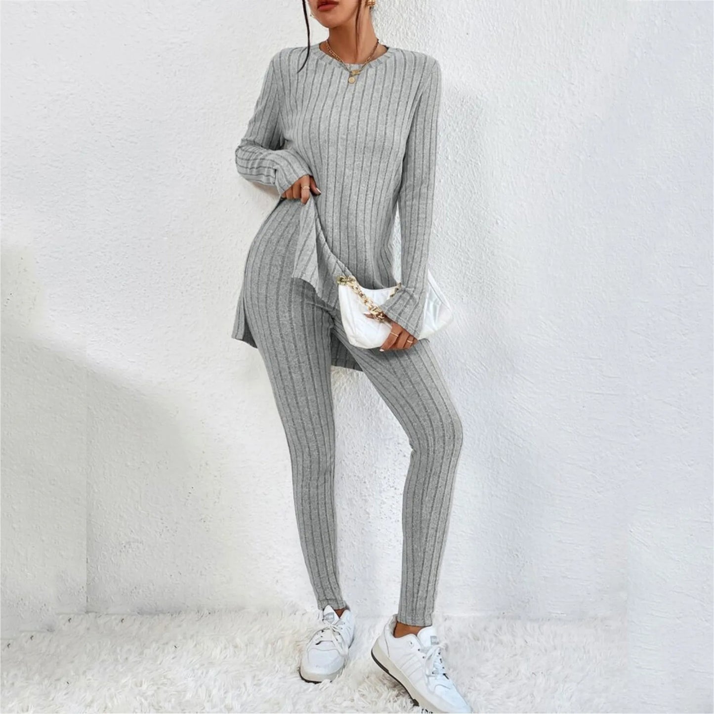 Fashion Knit Suits Casual Loose Long Pants Print Knitted Solid Color Two Pieces Sets